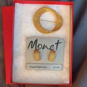 Monet Gold-Tone Brooch and Earring Set